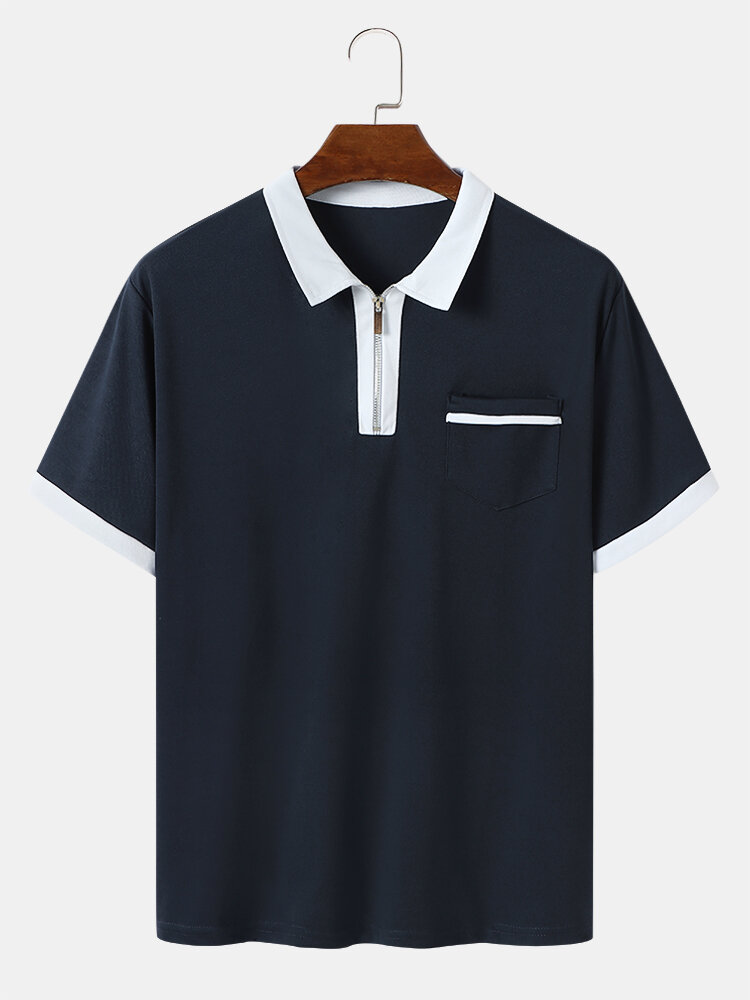 Mens Contrast Chest Pocket Half Zip Short Sleeve Golf Shirts