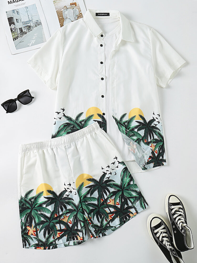 Mens Tropical Landscape Print Button Up Holiday Two Pieces Outfits