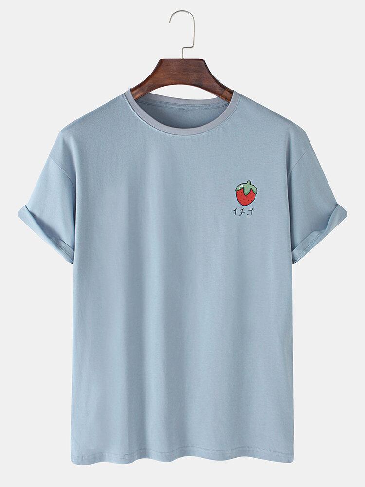Mens 100% Cotton Strawberry Printed Round Neck Casual Short Sleeve T-shirts