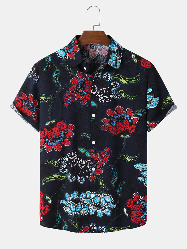 Mens Floral Print Button Up Holiday Short Sleeve Shirts