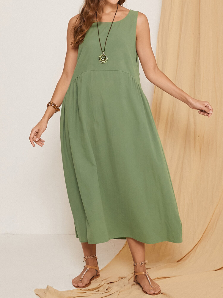 Sleeveless O-neck Solid Color Loose Women Casual Dress