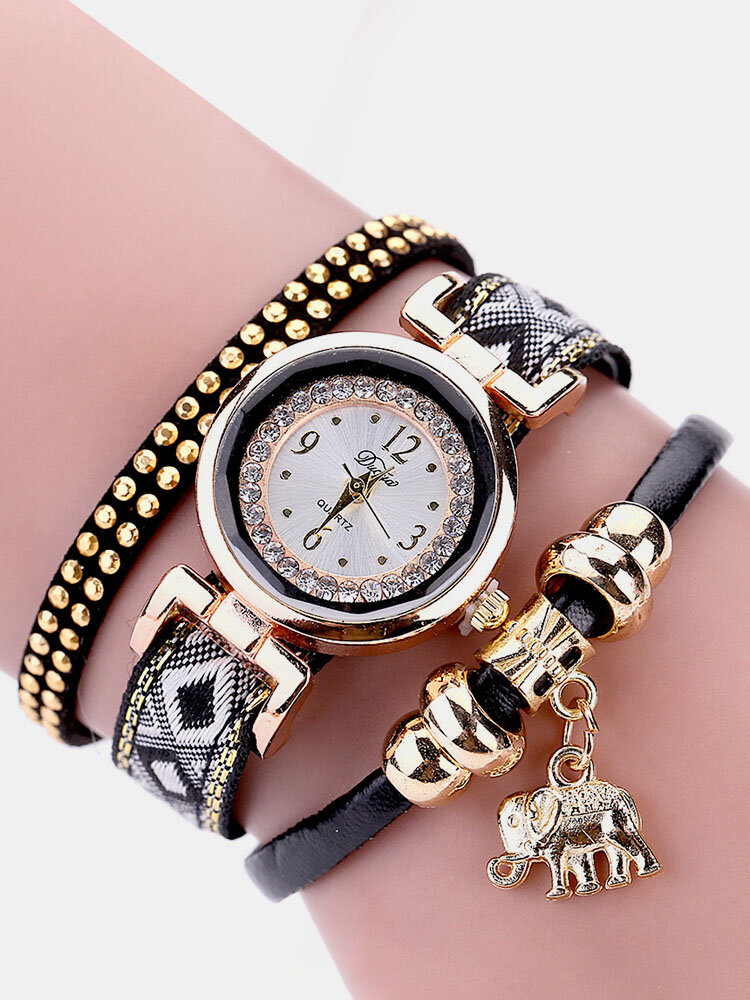 Fashion Quartz Wristwatch Multilayer Leather Strap Elephant Pendant Bracelet Watch for Women
