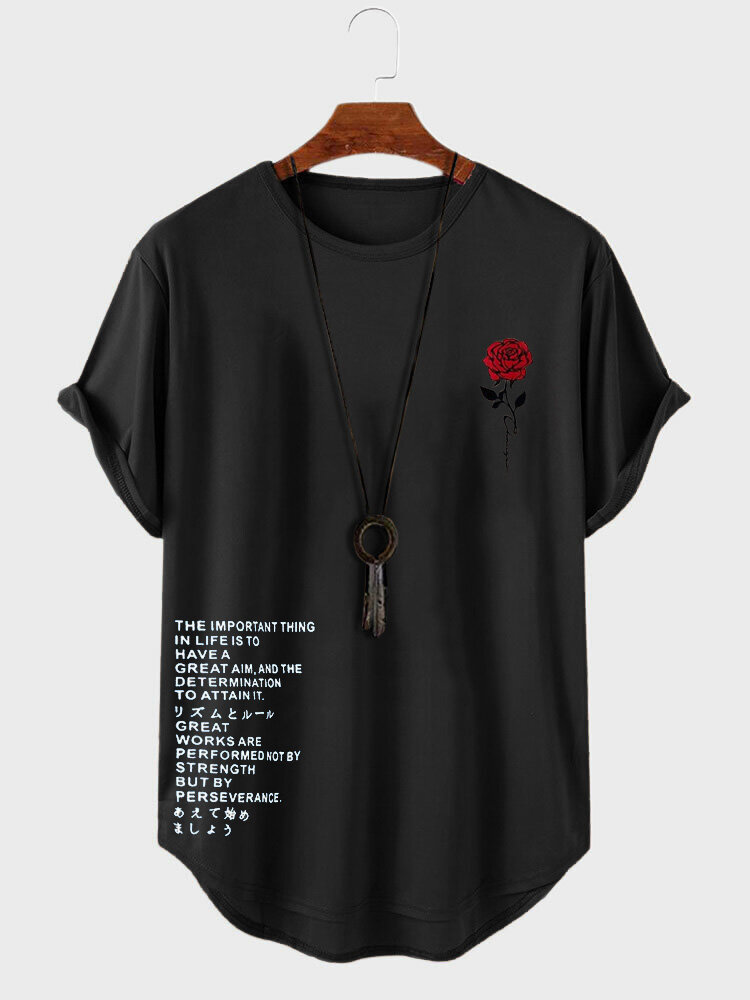 T-Shirts für Herren mit Rosen-Buchstabendruck, abgerundetem Saum und kurzen Ärmeln