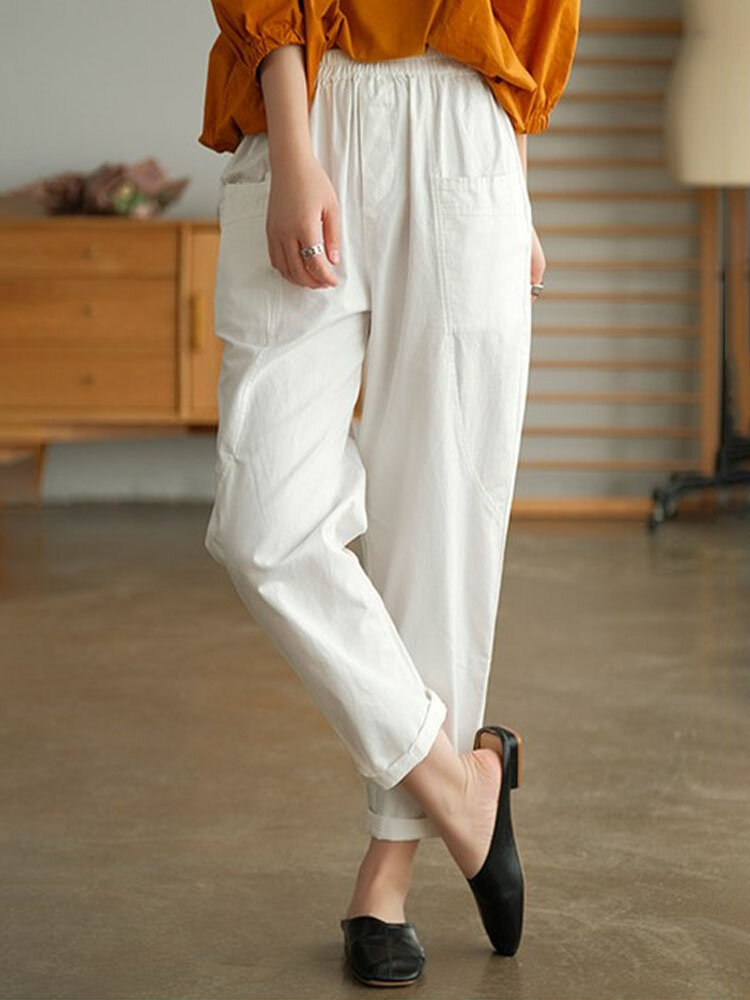 Solid Elastic Waist Casual Harem Pants with Pocket