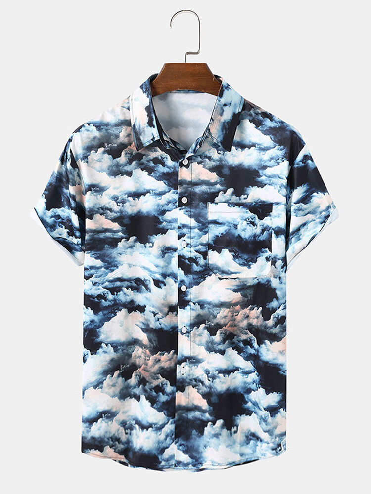 Mens All Over Clouds Pattern Short Sleeve Shirt With Pocket
