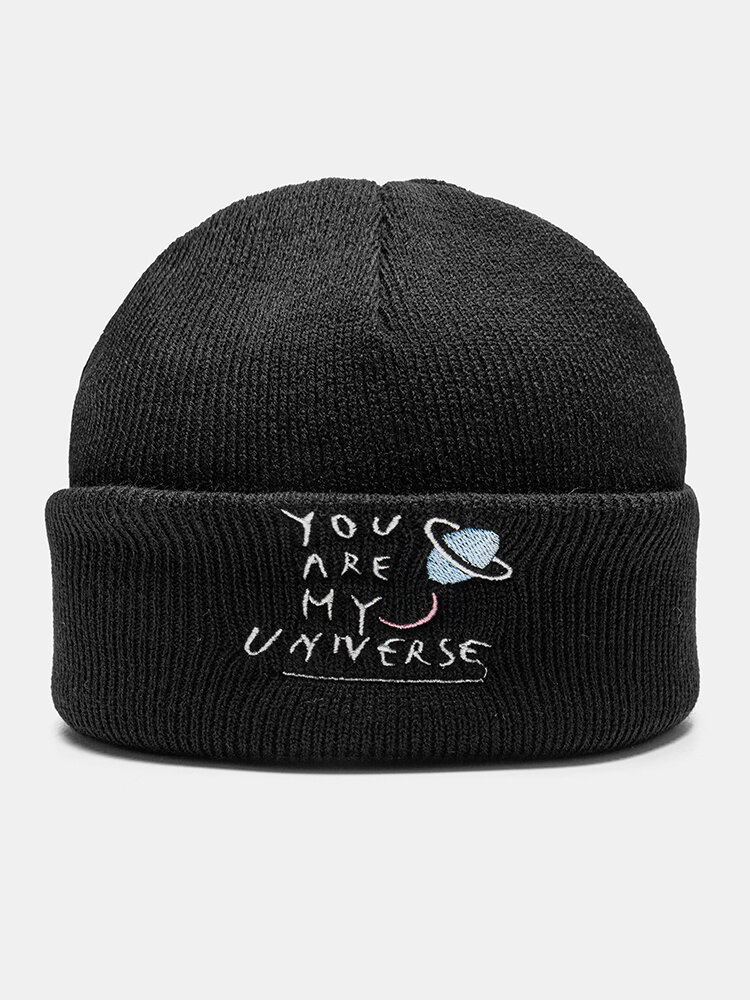 Unisex Acrylic Knitted Cartoon Planet Letter Pattern Embroidery Flanging Brimless Breathable Warmth Beanie Hat