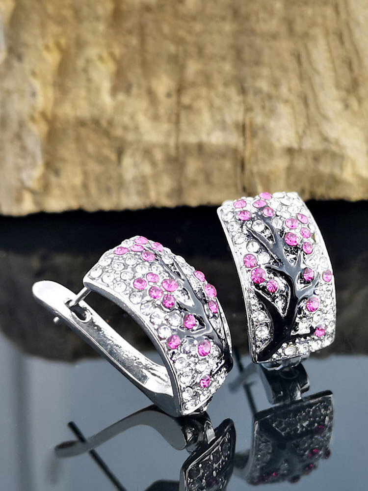 Vintage Plum Tree Women Earrings Inlaid Diamonds Symmetrical Pendant Earrings