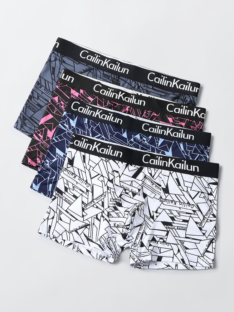 

4 Pcs Mens Geometric Print Antibacterial Cozy Logo Waistband Boxer Briefs With Pouch, #01