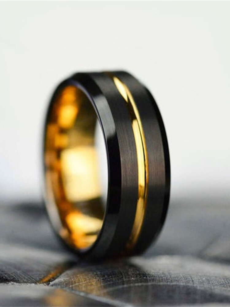 Trendy Simple Black Slotted Inner Gold Stainless Steel Ring