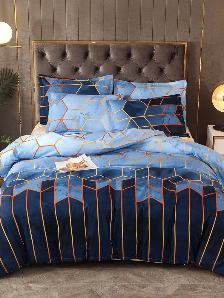 2/3-teiliges geometrisches Bettwäsche-Set, blau, golden, Bettbezug-Sets, Polyester-Bettbezug, Kissenbezug, Queen-King-Größe