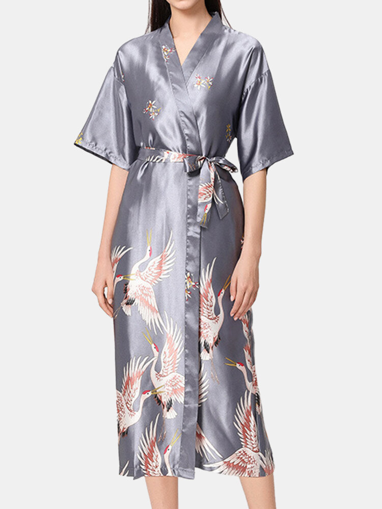 Plus Size Women Faux Silk Crane Print V-Neck Belt Short Sleeves Robes Pajamas от Newchic WW