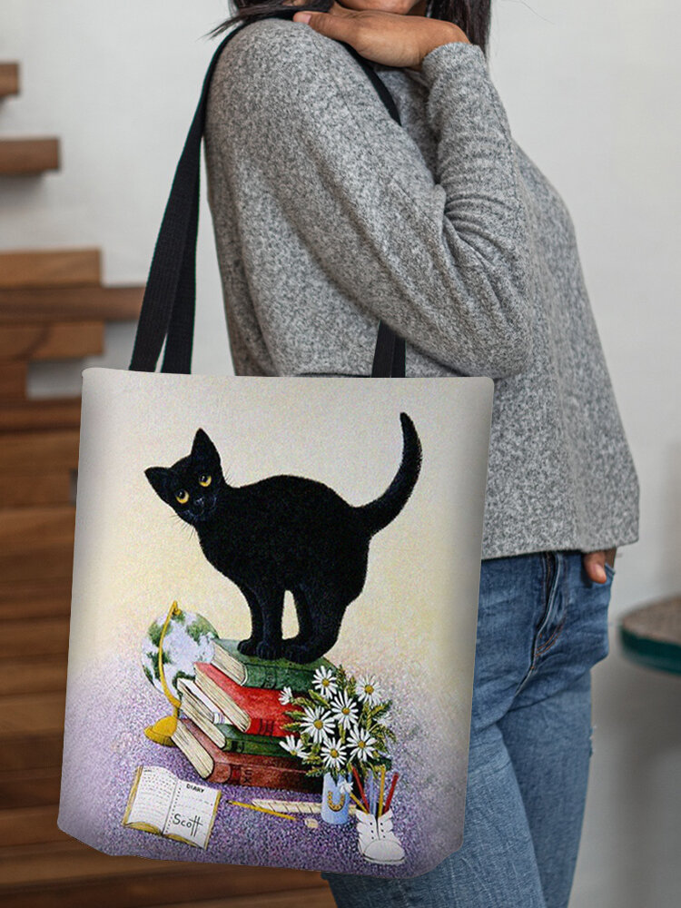 Women Black Cat Book Pattern Print Shoulder Bag Handbag Tote