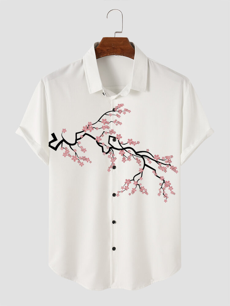 Mens Cherry Blossoms Printed Button Up Short Sleeve Shirts