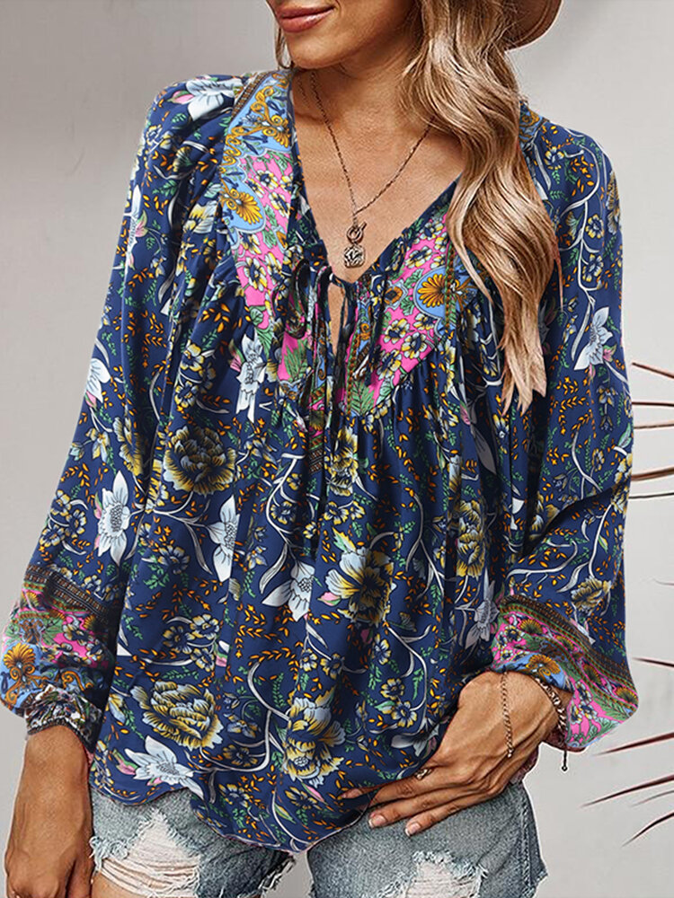Женская богемная блузка с длинными рукавами и V-образным вырезом с цветочным принтом