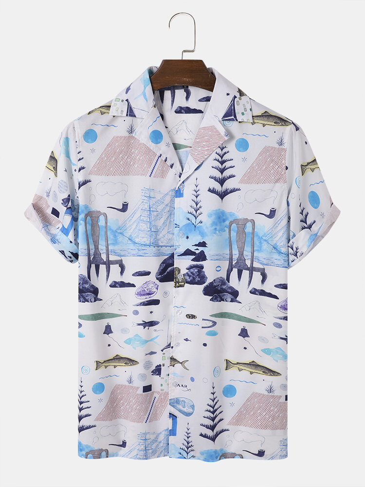 Men Landscape Print Hem Cuff Revere Collar Short Sleeve Casual Shirts
