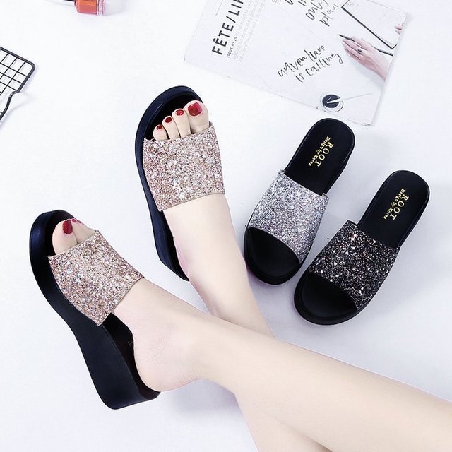 Season New Wedge With Sandals And Slippers Female Sponge Cake Thick Bottom High-heeled Word Drag Outdoor Sequins Beach Female Slippers