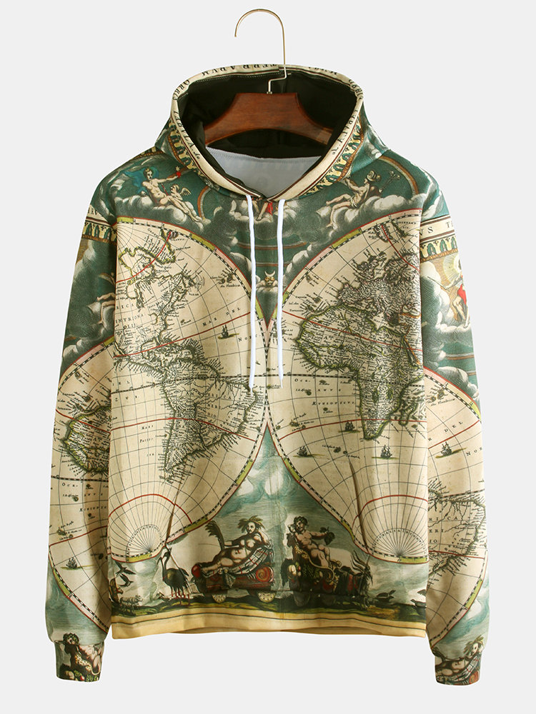 Mens Cool World Map Adventure Mix Print Long Sleeve Hooded Sweatshirts