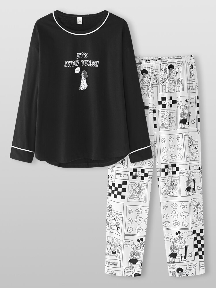 

Plus Size Women Cartoon Figure Slogan Print Round Neck Cotton Cozy Pajamas Sets, Black