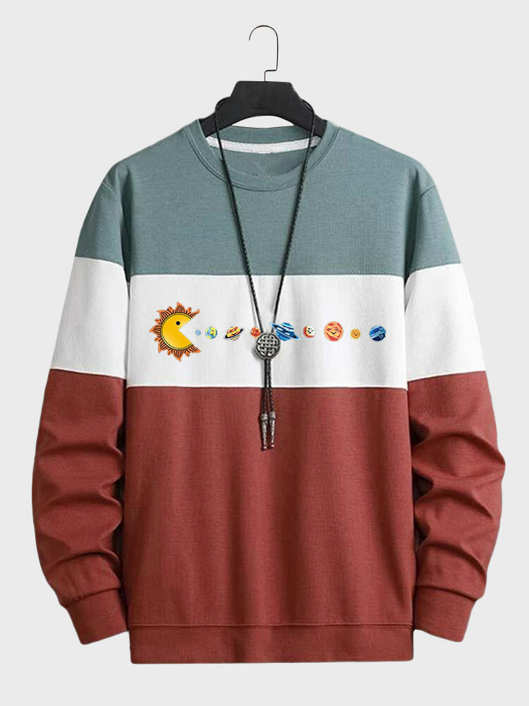 Mens Cartoon Planet Print Color Block Patchwork Pullover Sweatshirts
