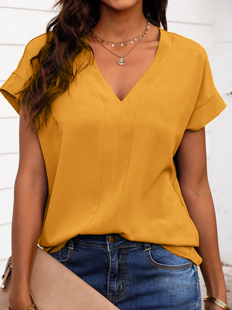 Women Solid Seam Detail V-Neck Casual Short Sleeve Blouse