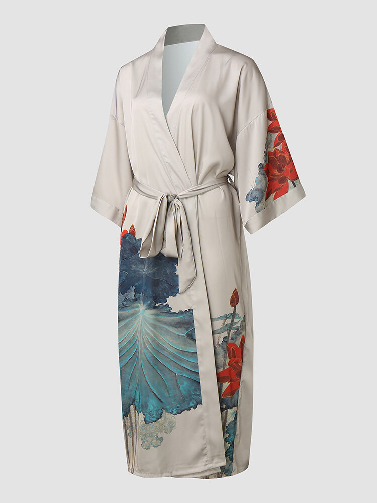 Women Satin Leaves & Flower Print Ribbon Calf Length Home Robes