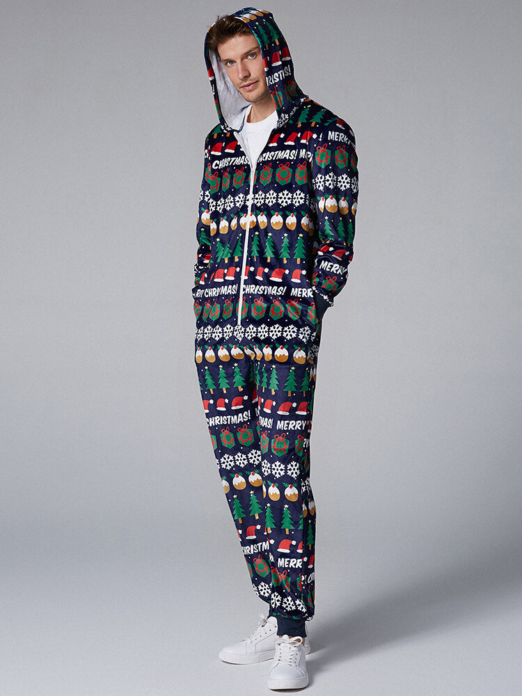 Mens Hooded Christmas Onesies Zip Down Holiday Pajamas Printing Loungewear Christmas Sleepwear