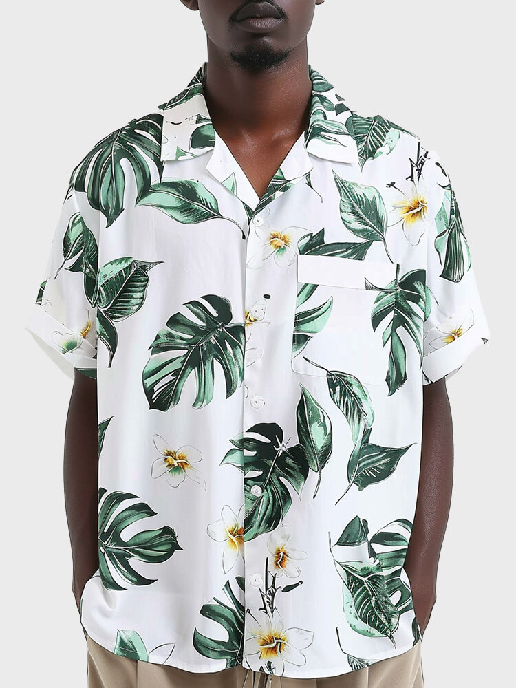 Mens Tropical Leaf Print Revere Collar Vacation Short Sleeve Shirts