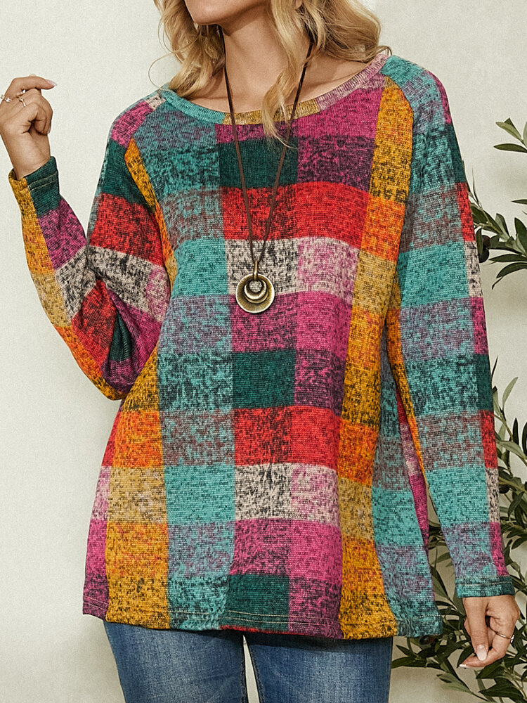Suéter de malha xadrez multicolorido manga longa vintage