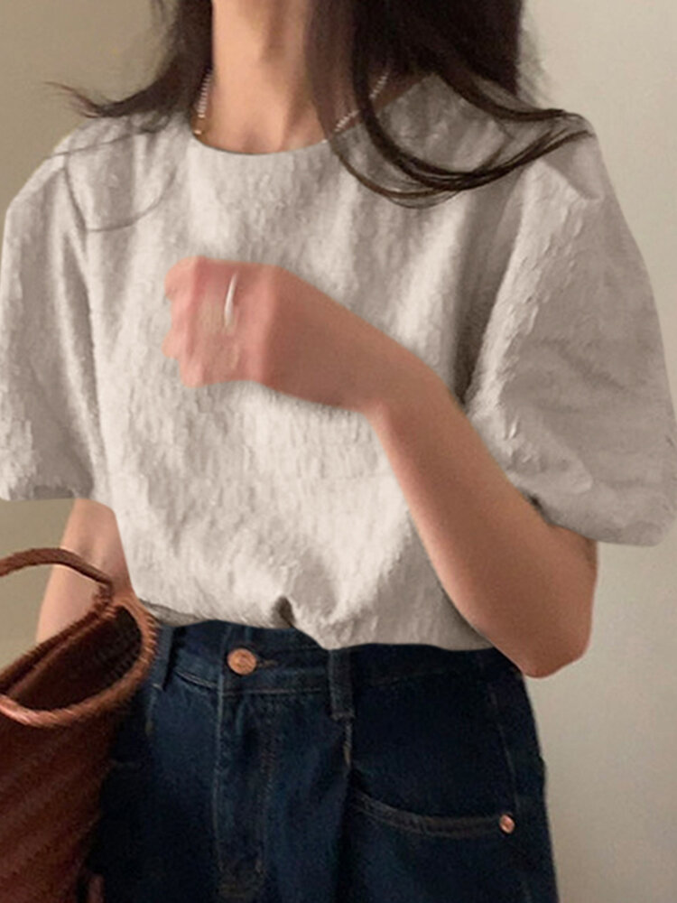 Puff Sleeve Keyhole Back Crew Neck Solid Casual Blouse