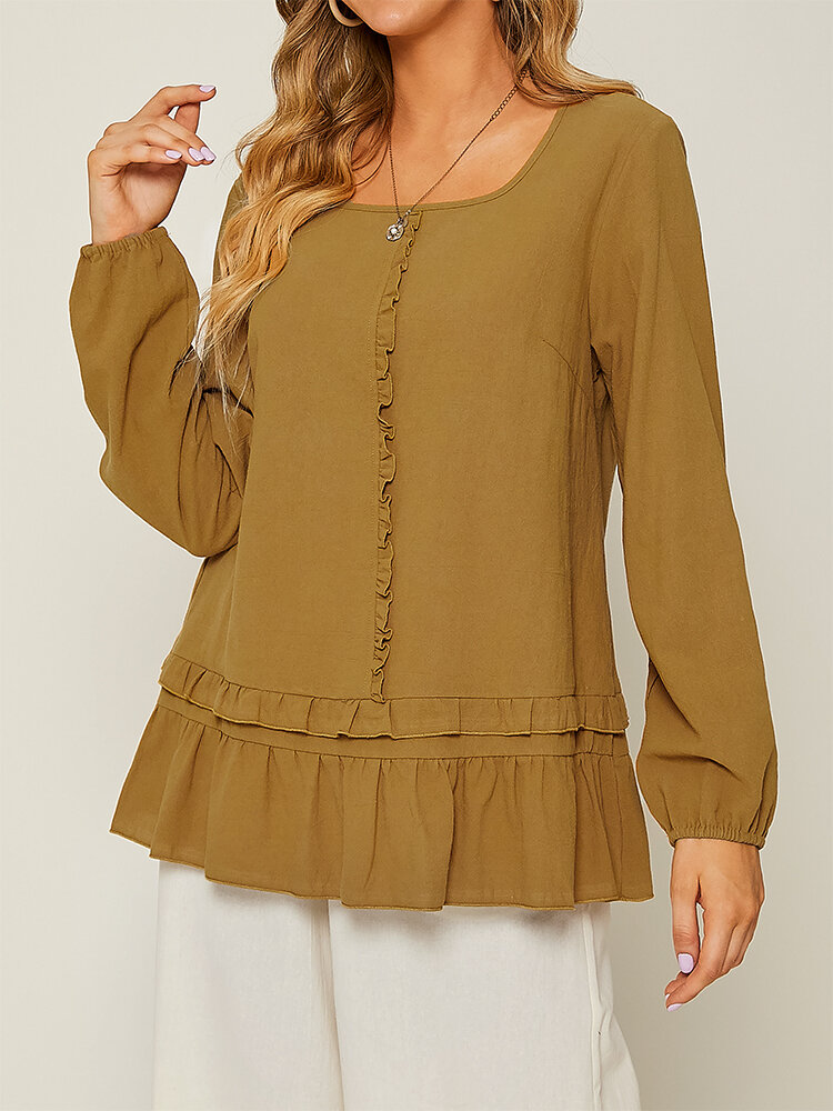 Solid Ruffle Long Sleeve O-neck Blouse For Women