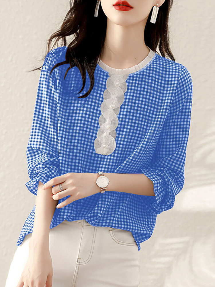 

Check Print Long Sleeve Crew Neck Panel Blouse, Blue;red