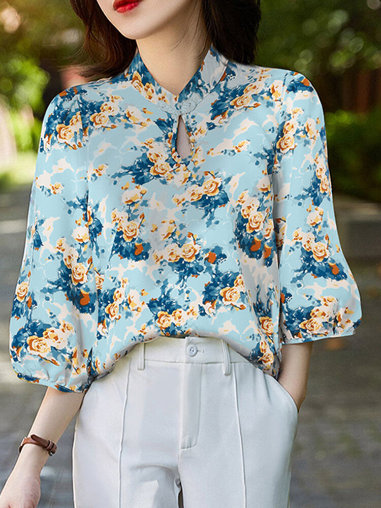 Allover Flower Print Frog Button Hollow 3/4 Sleeve Blouse