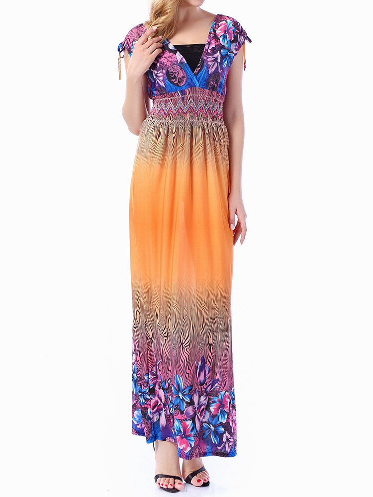 

Bohemian Style Sleeveless V Neck Loose Hem Women Dresses, Orange;blue