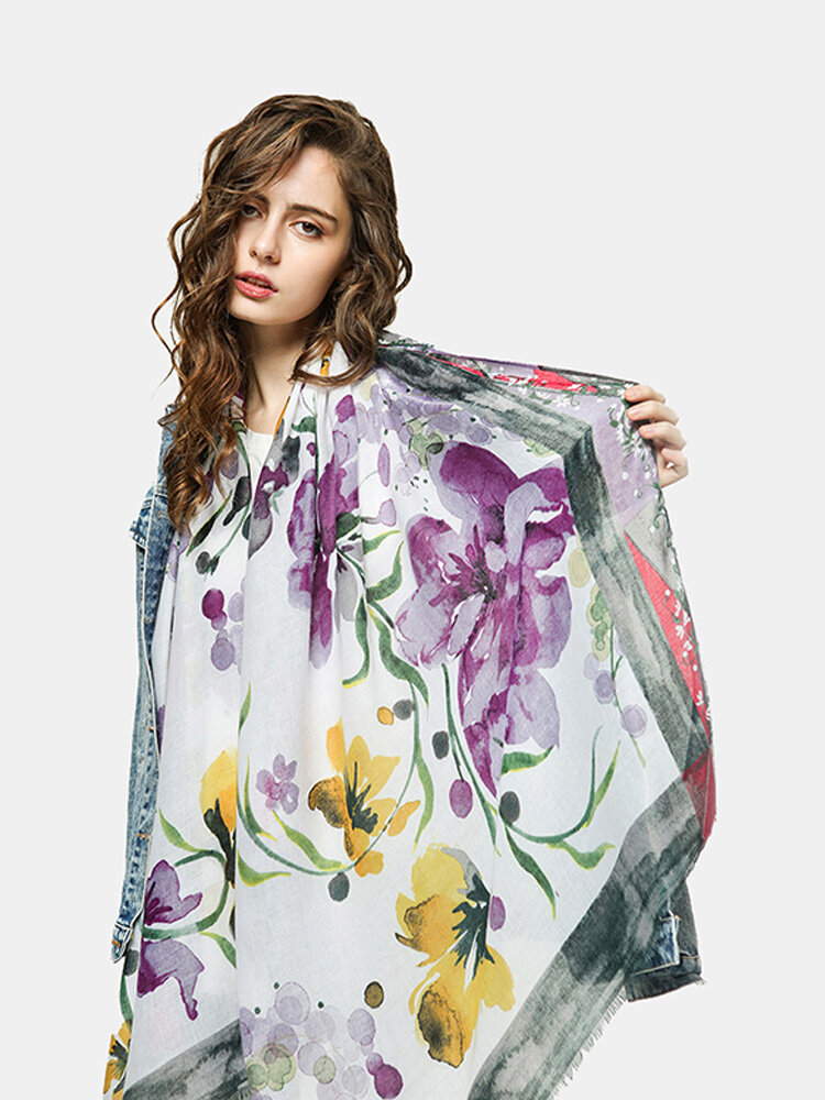 Women Cotton Linen Colorful Edge Daffodil Print Dual-use Casual Shawl Scarf
