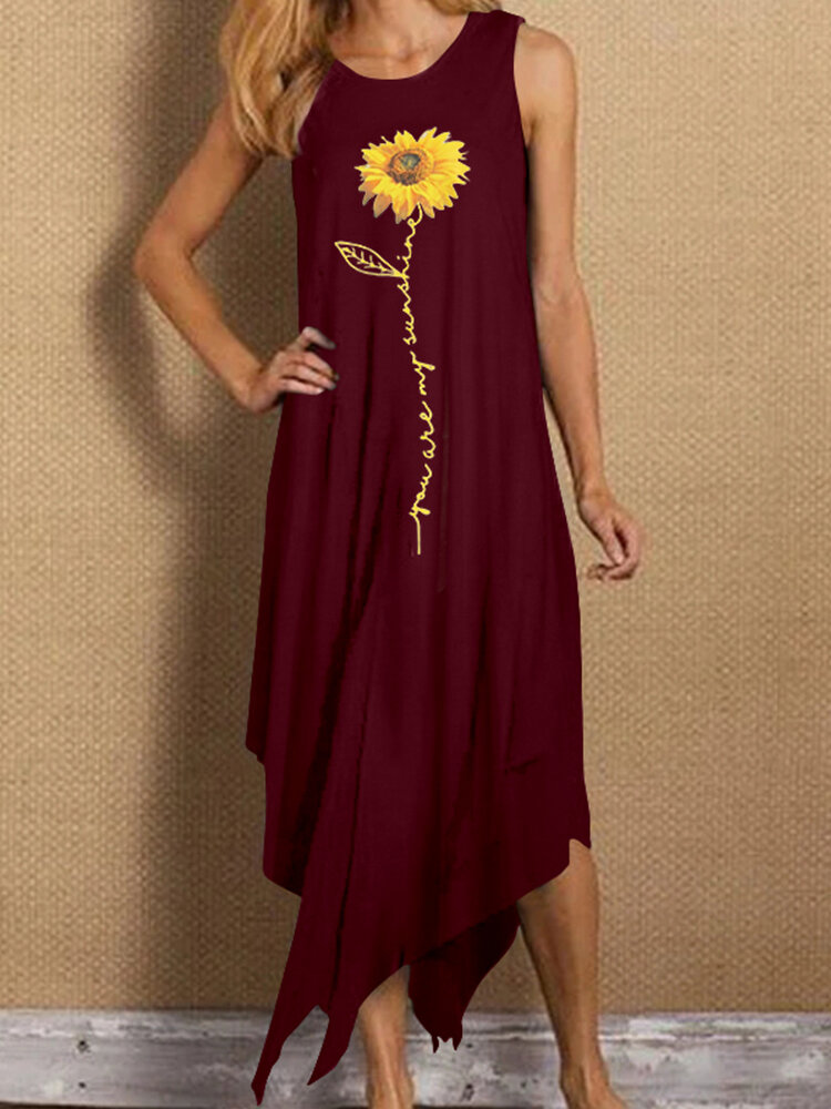 

Sunflowers Print Irregular Sleeveless Plus Size Dress, Black;white;wine red