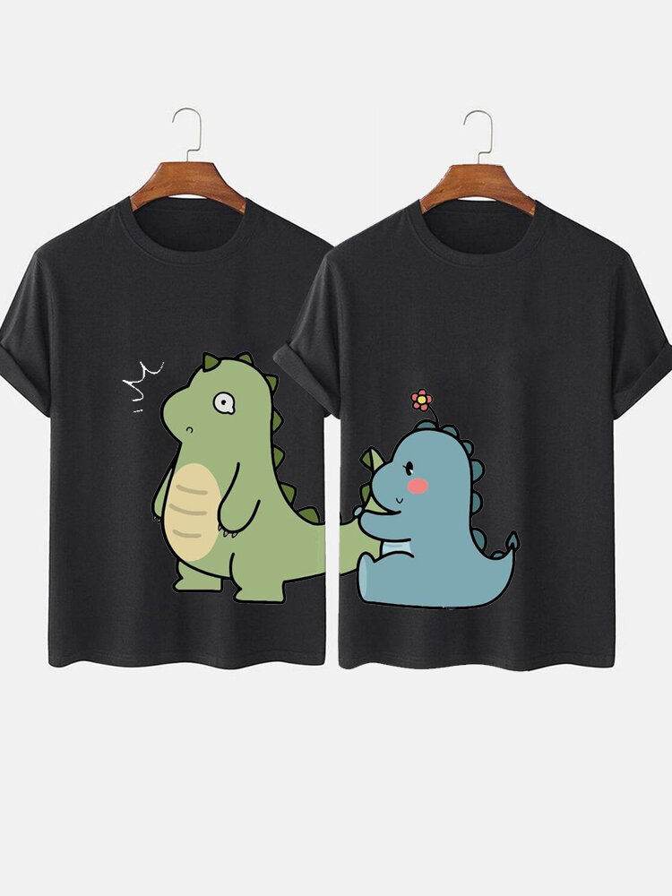 

Mens Cartoon Dinosaur Print Valentine' Day Short Sleeve Couple T-Shirts Winter, Black