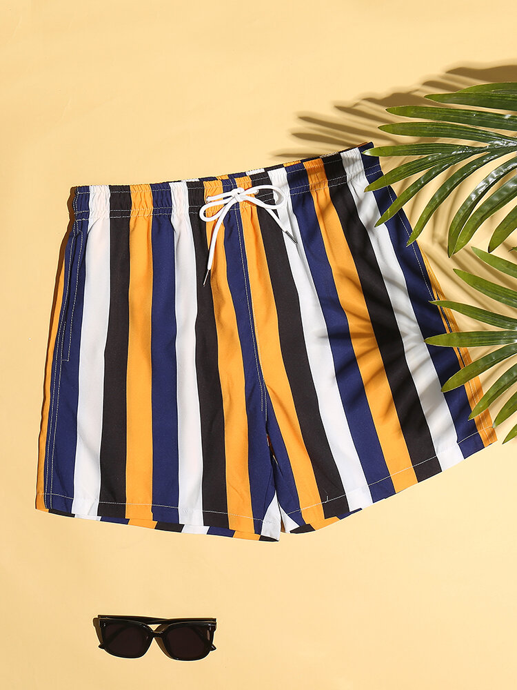 Men Colorful Stripe Shorts Quick Drying Mesh Lining Mid Length Beach Holiday Swim Trunks With Multi Pockets