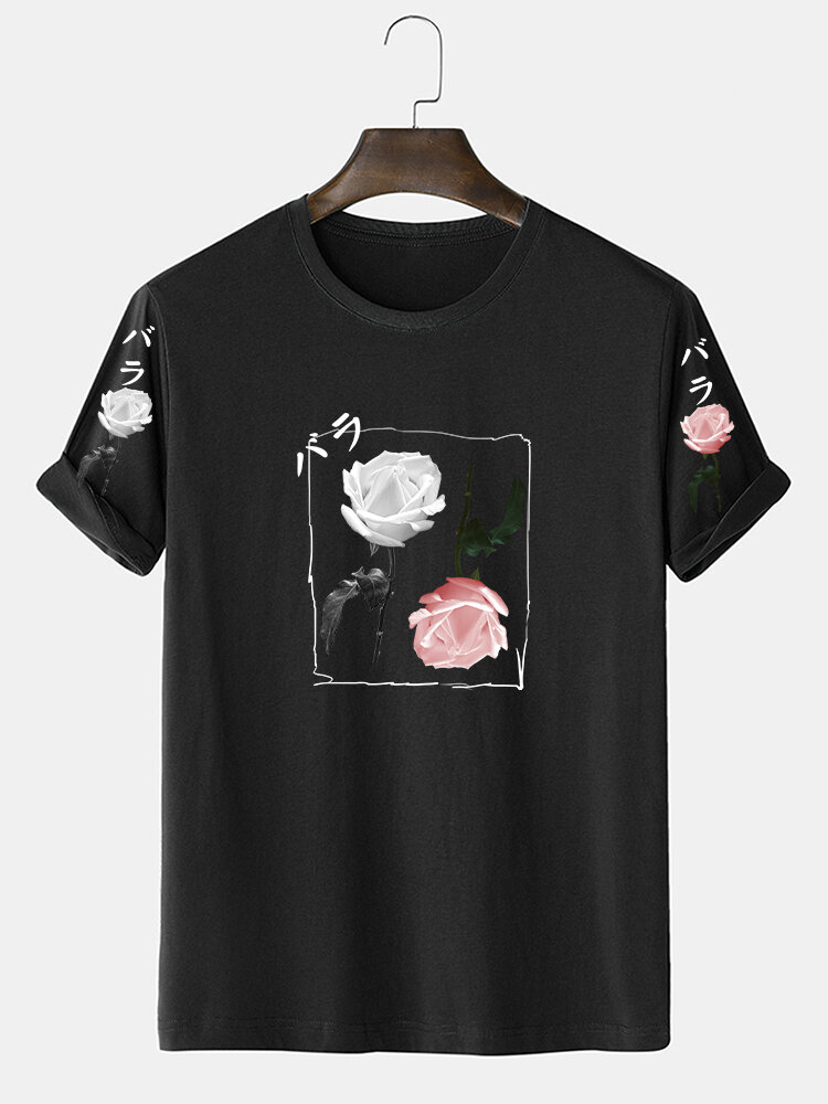 Mens Rose Japanese Graphic Crew Neck Cotton Short Sleeve T-Shirts