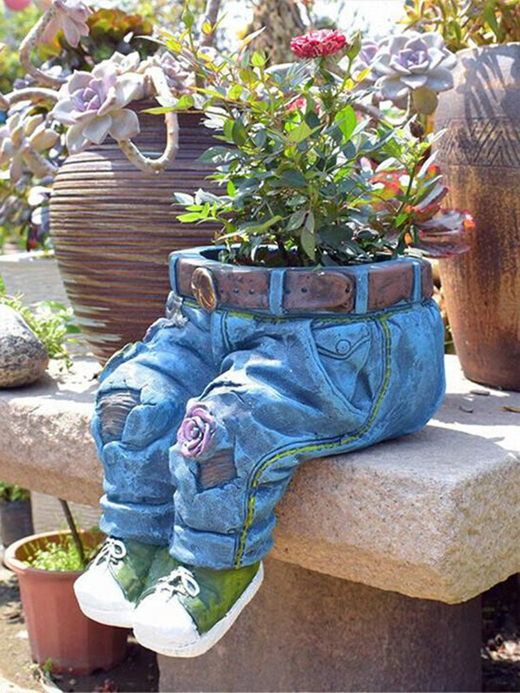1 PC Denim Clothes Pants Resin Flower Pot Statue Retro Creative Garden Ornament For Home Courtyard Decoration Sitting Kneeling Pose Jardin Pot