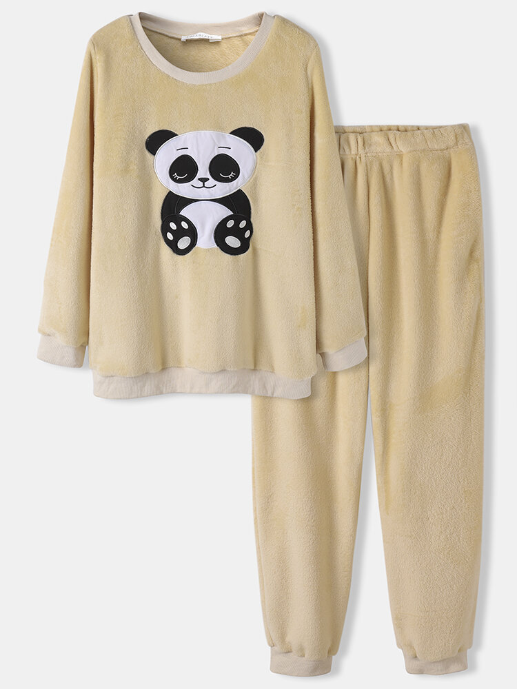 

Plus Size Women Cartoon Panda Patched Round Neck Flannel Comfy Pajamas Set, Apricot;blue;gray