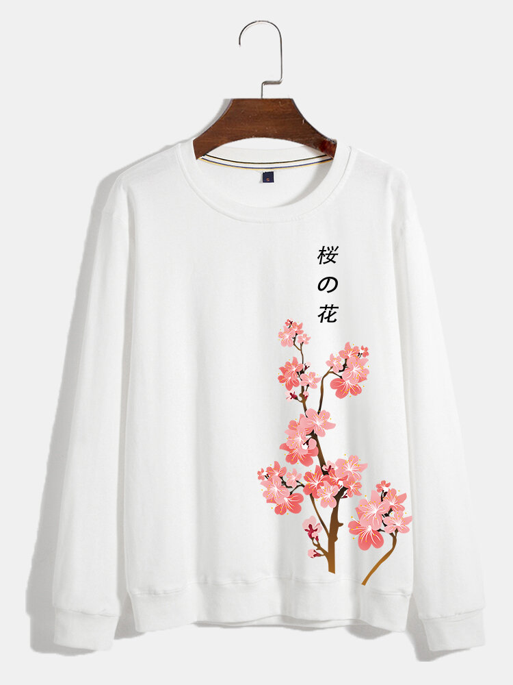 Mens Japanese Style Floral Print 100% Cotton Pullover Sweatshirts