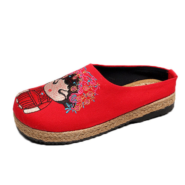 Old Peking Cartoon Embroidered Folkways Canvas Flat Backless Loafers