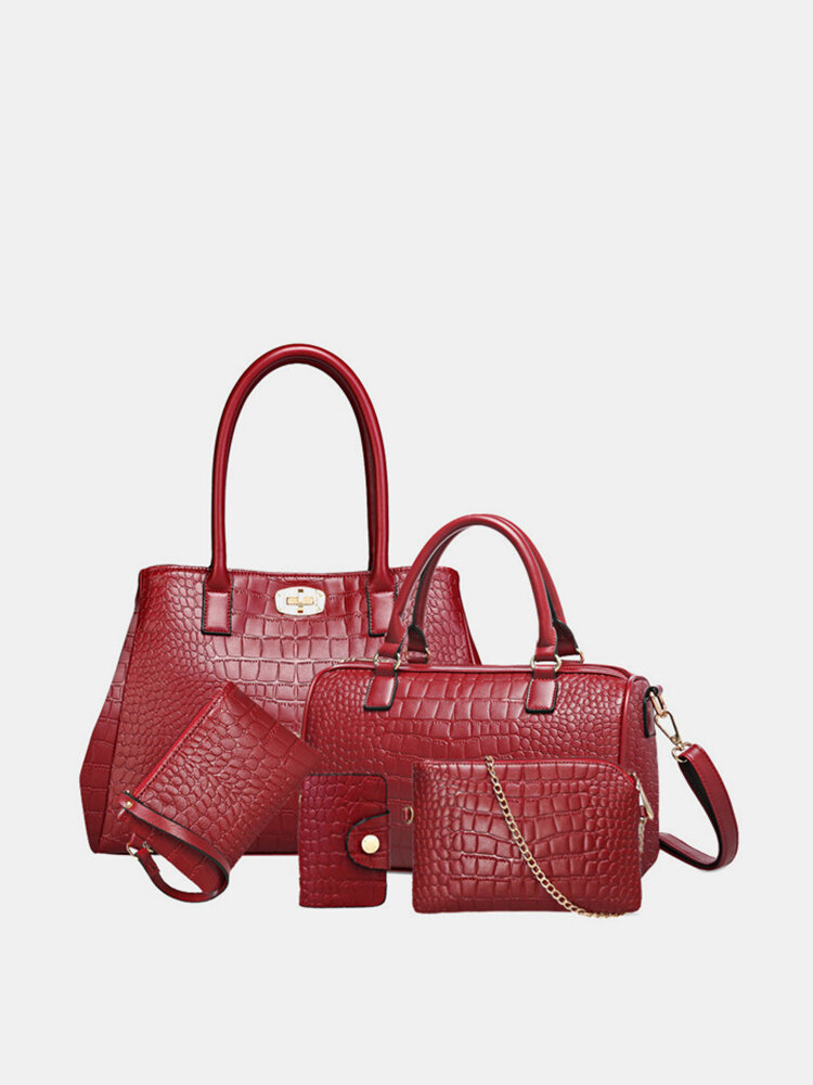 5 PCS Women PU Leather Handbag Retro Multi-function Solid Crossbody Bag
