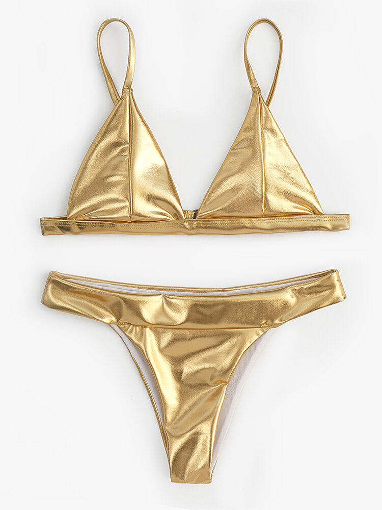 

Women Bikini Triangle Bronzing Solid Color Backless Sexy Thong Beachwear, Gold;silver