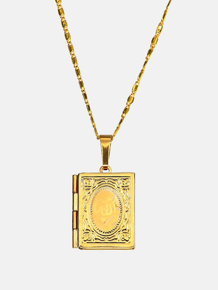 Gold Muhammad Allah Quran Koran Book Box Pendant Necklace Islam Muslim Religious Jewelry