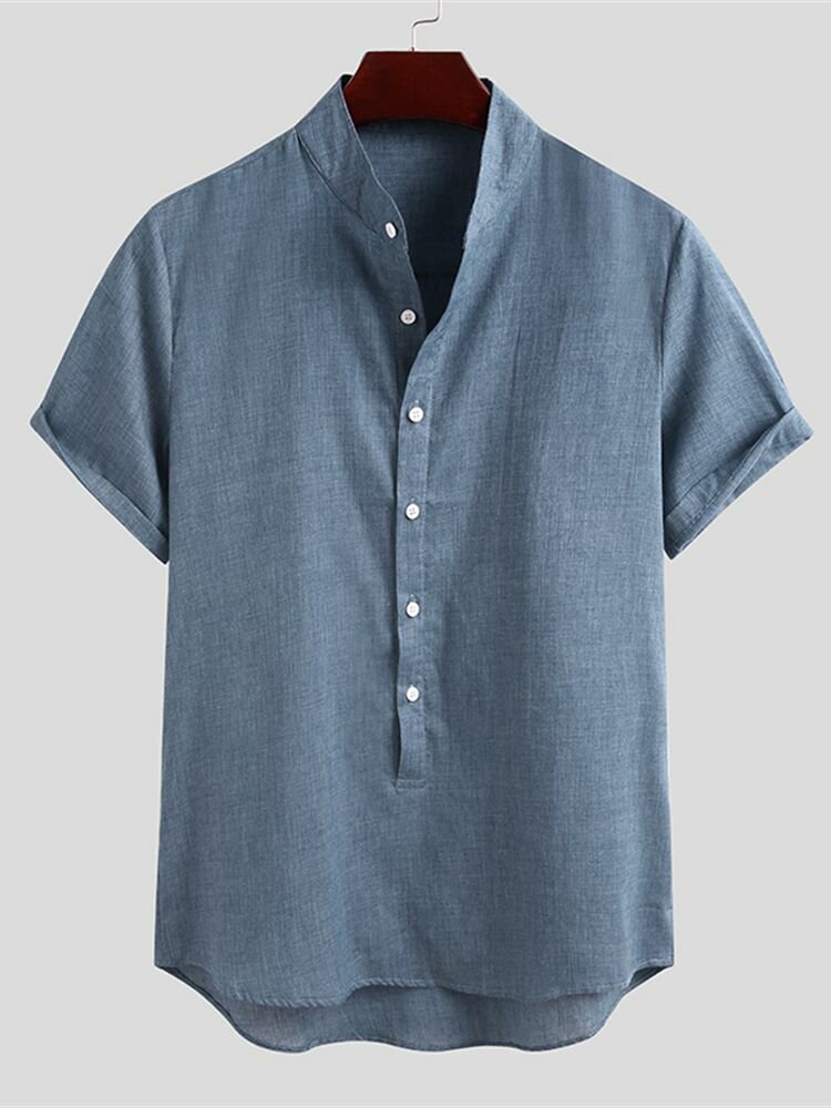 Camisas masculinas casuais de linho com botões de manga curta