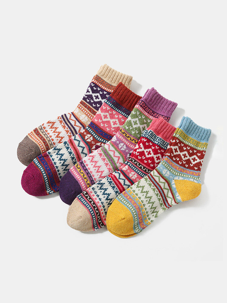 5 paires de chaussettes respirantes en laine et coton épais à rayures géométriques à motif de points