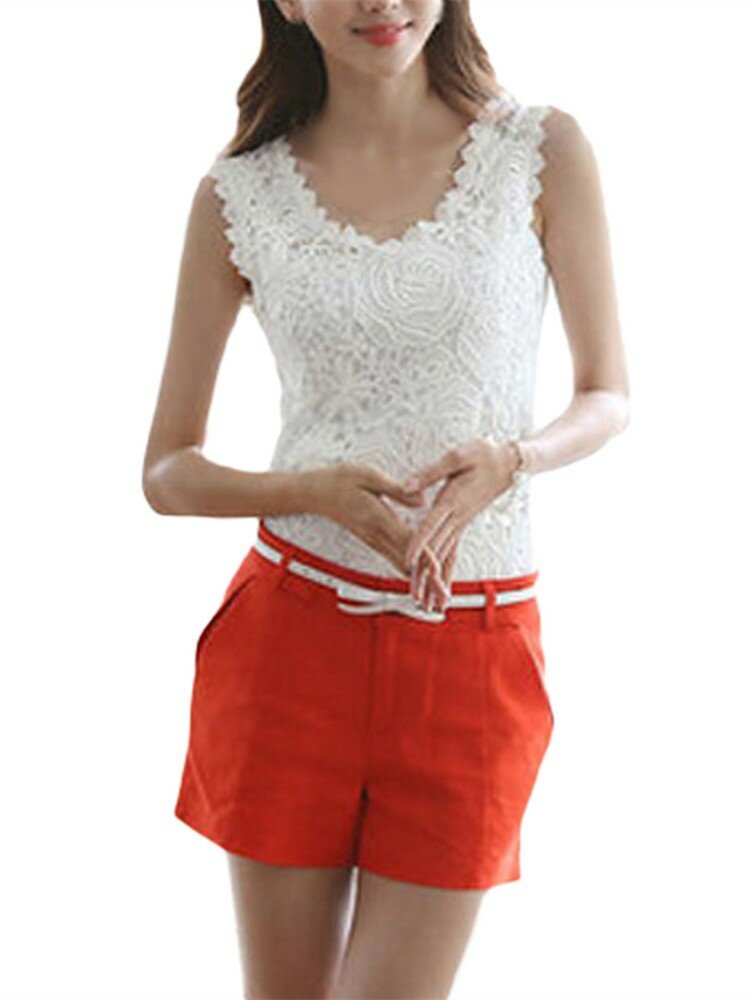 Women Sleeveless O Neck Pure Color Floral Lace Crochet Tank Top