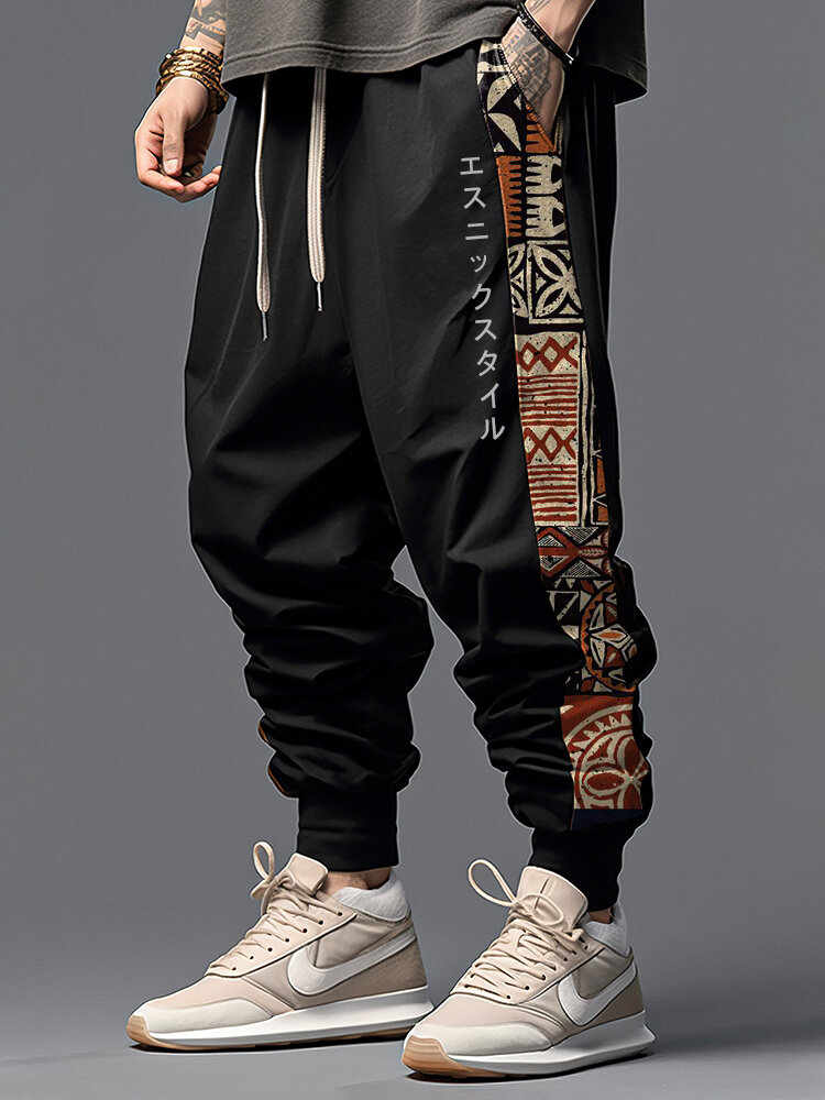 Мужская лоскутная одежда с этническим геометрическим японским принтом и свободной талией на шнурке Брюки