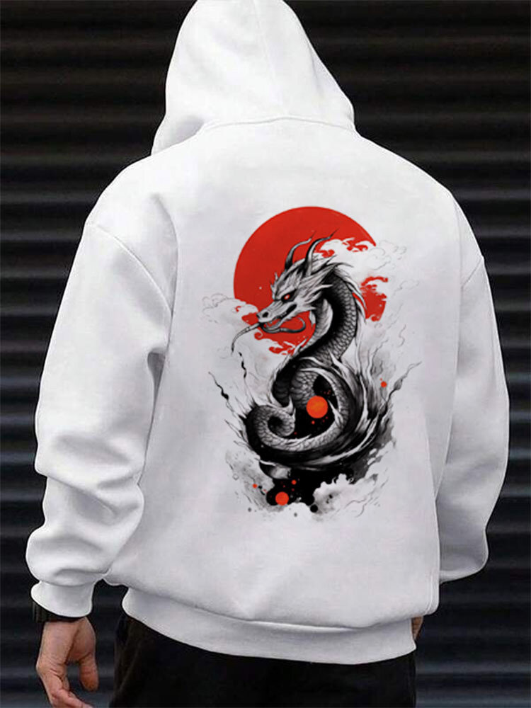 Mens Japanese Red Sun Dragon Back Print Long Sleeve Hoodies Winter